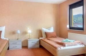 a small bedroom with a bed and a window at Gemütliche Wohnung am Main 1 in Gemünden