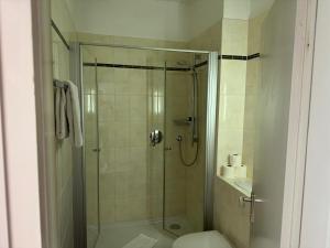 a bathroom with a glass shower with a toilet at Das Alpina in Bad Reichenhall