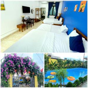 a hotel room with a bed and flowers in it at Peace Homestay Hoa Lư in Xuân Sơn