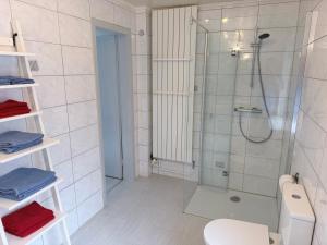 a bathroom with a shower and a toilet at Ferienwohnung am Binnensee 2 in Heiligenhafen +7 photos