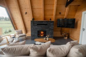a living room with a fireplace and a tv at Cabana Stil A in Mărişel