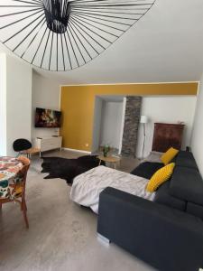 a living room with a bed and a couch at Furnished T2 apartment in Luchon