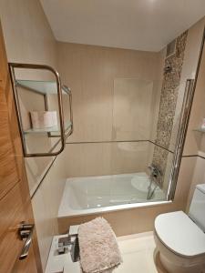 a bathroom with a shower and a toilet and a tub at Os limoeiros do cura in Foz