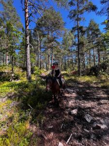 two people riding a horse on a trail in the woods at hytte ved innsjø in Skien