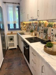 a kitchen with white cabinets and a counter top at Aeolian Garden in Mytilene