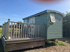 a green tiny house with a wooden deck at Arcadia Shepherds Hut in Ashwater