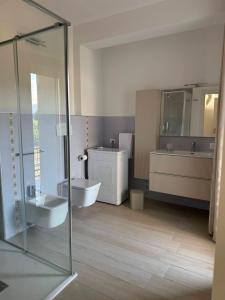 a bathroom with a shower and a sink and a toilet at Domus Smeralda in Muravera +8 photos