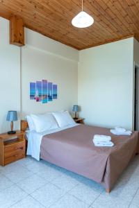 a bedroom with a large bed and a wooden ceiling at Zois Apartments in Nikiana