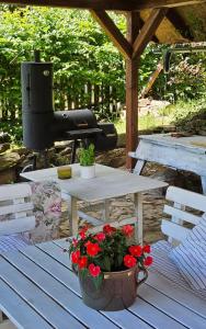 a picnic table with flowers on it with a stove at Chalupa pod Lysou - Apartma 4rooms in Rokytnice nad Jizerou