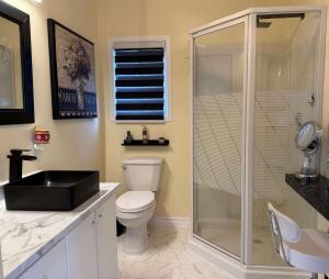 a bathroom with a shower and a toilet and a sink at The Wild Rose Cottage & Bird's Nest in Twillingate