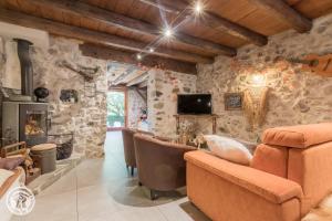 a living room with a couch and a fireplace at Les Gîtes Chapô Julô in Giez