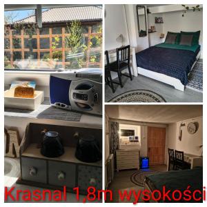 two pictures of a bedroom and a bedroom with a bed and a window at Agroturystyka Zdrowo przez sad in Brzezinki