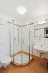 ein Badezimmer mit Dusche, Toilette und Waschbecken in der Unterkunft Hotel Blaue Ecke in Adenau + 22 Fotos