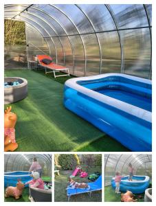a collage of pictures of a pool with a child in a igloo at Agroturystyka Zdrowo przez sad in Brzezinki