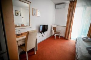 a hotel room with a desk and a television at Hotel Serdar in Mojkovac