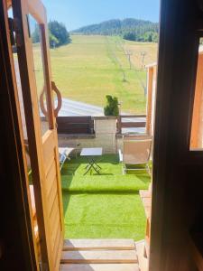 a view of a room with green grass and a window at Le Logis de Bamby in Ancelle
