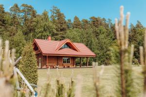 a log cabin with a red roof in a field at Silmaļi Tērvetē in Tērvete +26 photos