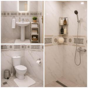 two pictures of a bathroom with a toilet and a shower at Your Peaceful Retreat in Kelibia