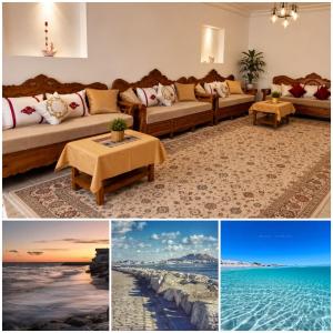 a collage of photos of a room with couches and the ocean at Your Peaceful Retreat in Kelibia