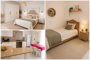two pictures of a bedroom with a bed and a desk at Your Peaceful Retreat in Kelibia