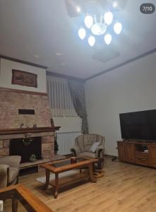 a living room with a fireplace and a flat screen tv at Vila Lenka in Rtanj