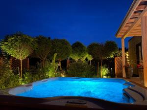 a hot tub in a backyard at night at Eden House in Druskininkai