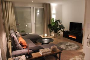 ein Wohnzimmer mit Sofa und Kamin in der Unterkunft Ostalb-Spa in Leinzell