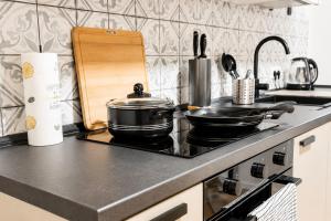 a kitchen counter with two pots and pans on a stove at MeinZuhause Apartment EG in Bad Pyrmont +6 photos