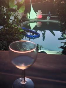 a glass of wine sitting next to a swimming pool at Chalet en bois accés piscine in La Possession