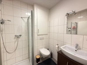 a bathroom with a shower and a toilet and a sink at Stage One City in Andernach