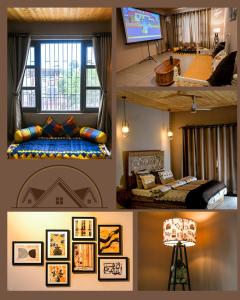 a collage of four pictures of a room at Lofted Peaks in Pālampur