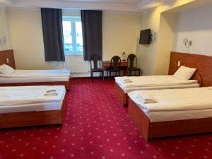 a hotel room with four beds and a red carpet at Pensjonat Trzy Stawy in Jelcz