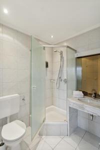 a bathroom with a shower and a toilet and a sink at Gästehaus Blaue Ecke in Adenau