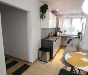 a small kitchen with a table and a table and a table at Bytča Central Apartment in Bytca