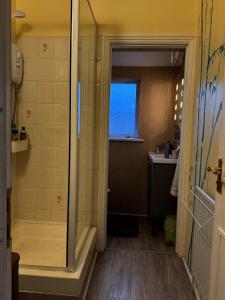 a bathroom with a shower and a sink at Rectory Cottage in Croydon