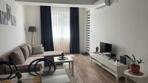 a living room with a couch and a tv at M&M Cozy Apartment-Free Parking in Skopje