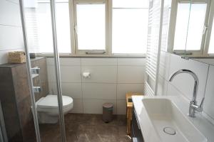 a bathroom with a toilet and a sink at Kustverhuur, Park Scheldeveste Zwin 065 in Breskens +18 photos