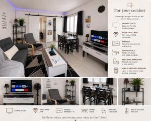 a living room with a couch and a table and a television at Le Bellevue in Givet