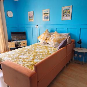 a bedroom with a large bed with blue walls at Le Gîte Martin in Quillan +40 photos