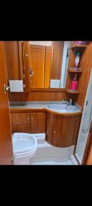 a small bathroom with a sink and a toilet at Tabber Trolltunga caravan in Odda +13 photos