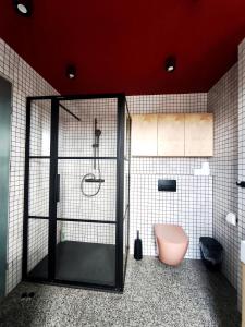 a bathroom with a shower and a pink toilet at Loft Hause Sopot in Sopot +19 photos