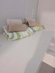 two towels sitting on a counter in a room at Apfelblüte in Stockach