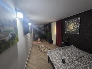a bedroom with a bed and a painting on the wall at Casa Rico 2 in Tulcea