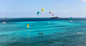 a group of people flying kites in the water at EcoDream Lodge in Port Mathurin