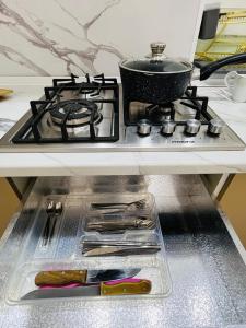 a stove top with a pot on top of it at Стильная студия в центре с кухней in Bukhara +22 photos