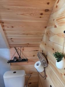 a bathroom with wooden walls and a toilet at Eagle's View Cabin in Plav