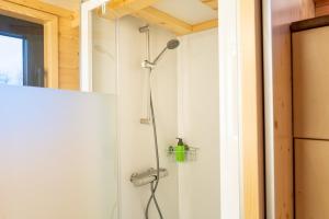a shower in a bathroom next to a window at Tiny House nähe Millstättersee mit Hot Tub in Oberkolbnitz +33 photos