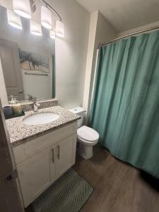a bathroom with a sink and a toilet and a shower at Stylish Decatur Retreat in Decatur