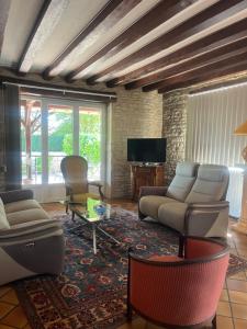 a living room with a couch and chairs and a tv at Domaine Bassy in Saint-Gengoux-de-Scissé
