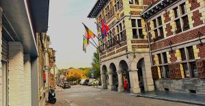 a street with flags on the side of a building at Plein centre de Visé in Visé